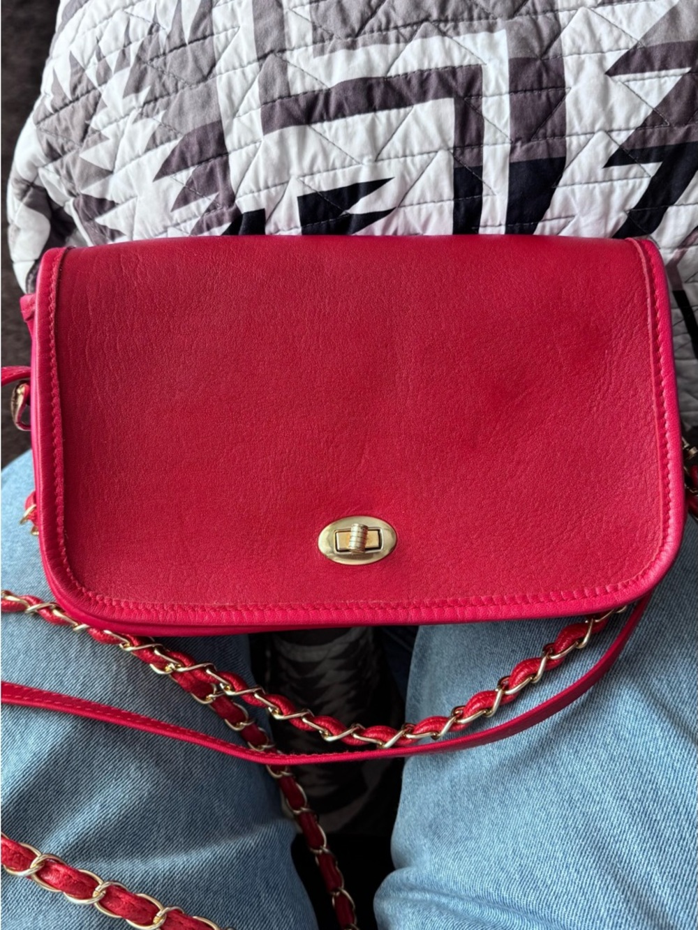 Red Leather Crossbody Bag with Chain Strap